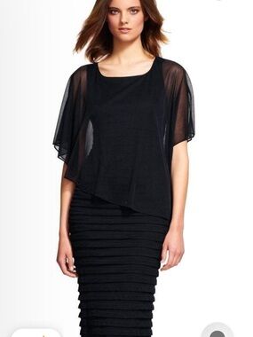 Adrianna Papell Black Texture Layered Chiffon Formal Maxi Dress Black Tie Gala
